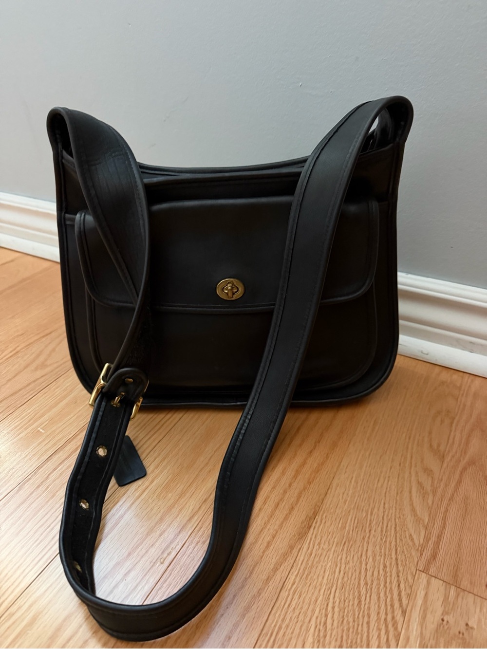 Coach Black Leather Crossbody with Gold Turnlock